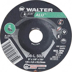 WALTER Surface Technologies - 24 Grit, 5" Wheel Diam, 1/8" Wheel Thickness, 7/8" Arbor Hole, Type 27 Depressed Center Wheel - Aluminum Oxide, Resinoid Bond, 12,200 Max RPM - A1 Tooling