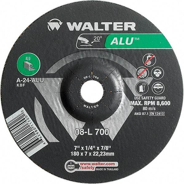 WALTER Surface Technologies - 24 Grit, 7" Wheel Diam, 1/4" Wheel Thickness, 7/8" Arbor Hole, Type 27 Depressed Center Wheel - Aluminum Oxide, Resinoid Bond, 8,600 Max RPM - A1 Tooling