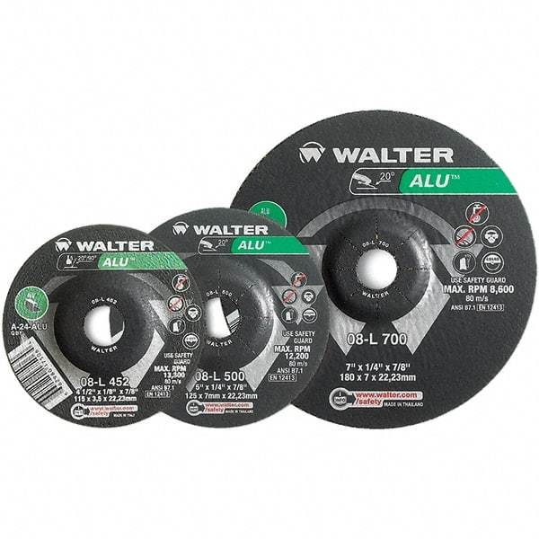 WALTER Surface Technologies - 24 Grit, 7" Wheel Diam, 1/4" Wheel Thickness, Type 27 Depressed Center Wheel - Aluminum Oxide, Resinoid Bond, 8,600 Max RPM - A1 Tooling