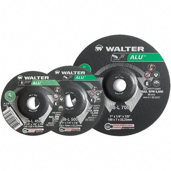 WALTER Surface Technologies - 24 Grit, 9" Wheel Diam, 1/8" Wheel Thickness, Type 27 Depressed Center Wheel - Aluminum Oxide, Resinoid Bond, 6,600 Max RPM - A1 Tooling