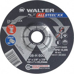 WALTER Surface Technologies - 24 Grit, 6" Wheel Diam, 1/4" Wheel Thickness, 7/8" Arbor Hole, Type 27 Depressed Center Wheel - Aluminum Oxide, Resinoid Bond, 10,200 Max RPM - A1 Tooling