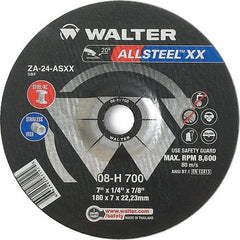 WALTER Surface Technologies - 24 Grit, 7" Wheel Diam, 1/8" Wheel Thickness, 7/8" Arbor Hole, Type 27 Depressed Center Wheel - Aluminum Oxide, Resinoid Bond, 8,600 Max RPM - A1 Tooling