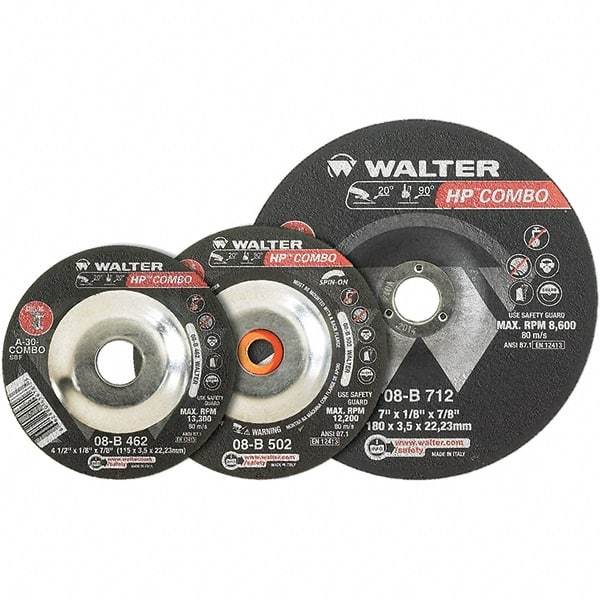 WALTER Surface Technologies - 30 Grit, 7" Wheel Diam, 1/8" Wheel Thickness, Type 27 Depressed Center Wheel - Aluminum Oxide, Resinoid Bond, 8,600 Max RPM - A1 Tooling