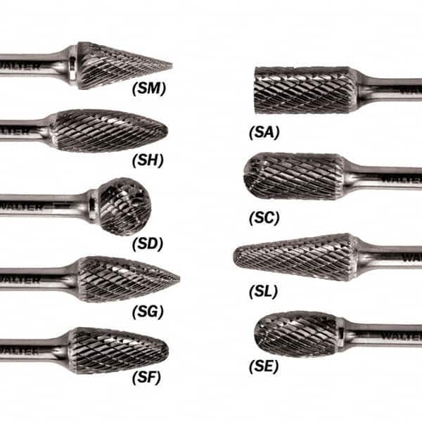 WALTER Surface Technologies - 1/2" Cut Diam, 1/4" Shank Diam, Flame Head Double Cut Burr - Carbide, 1-1/4" LOC - A1 Tooling