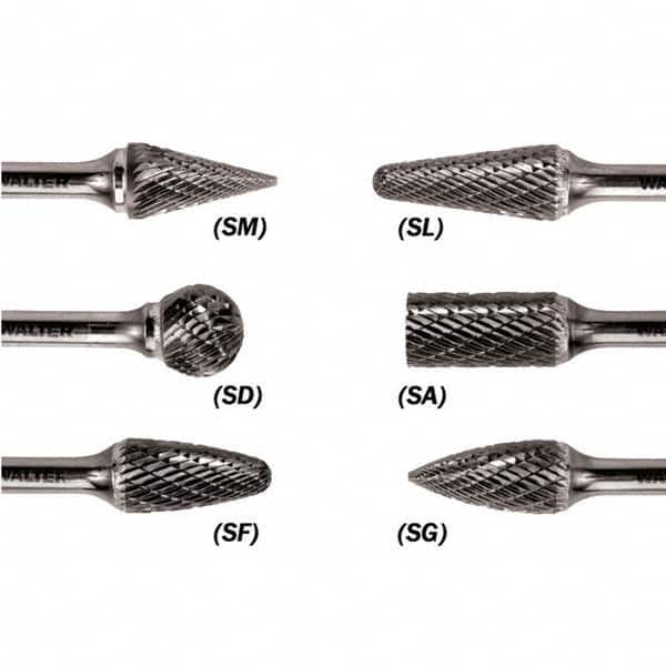 WALTER Surface Technologies - 1/8" Cut Diam, 1/8" Shank Diam, Taper Head Double Cut Burr - Carbide, 1/2" LOC - A1 Tooling