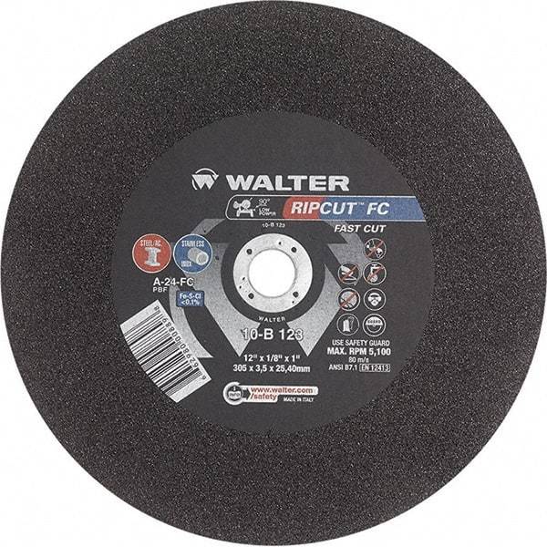 WALTER Surface Technologies - 12" 24 Grit Aluminum Oxide Cutoff Wheel - 1/8" Thick, 1" Arbor, 5,100 Max RPM, Use with Stationary Tools - A1 Tooling