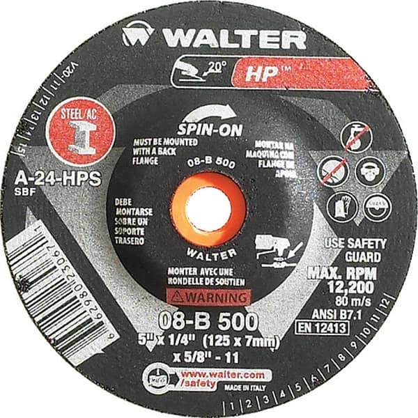 WALTER Surface Technologies - 24 Grit, 5" Wheel Diam, 1/4" Wheel Thickness, Type 27 Depressed Center Wheel - Aluminum Oxide, Resinoid Bond, 12,200 Max RPM - A1 Tooling