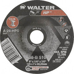 WALTER Surface Technologies - 24 Grit, 5" Wheel Diam, 1/4" Wheel Thickness, 7/8" Arbor Hole, Type 27 Depressed Center Wheel - Aluminum Oxide, Resinoid Bond, 12,200 Max RPM - A1 Tooling