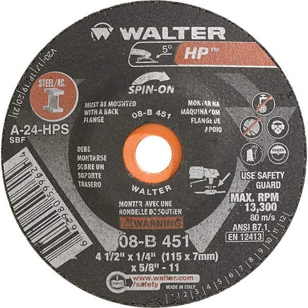 WALTER Surface Technologies - 24 Grit, 4-1/2" Wheel Diam, 1/4" Wheel Thickness, Type 28 Depressed Center Wheel - Aluminum Oxide, Resinoid Bond, 13,300 Max RPM - A1 Tooling