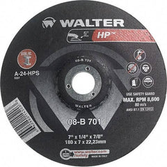 WALTER Surface Technologies - 24 Grit, 7" Wheel Diam, 1/4" Wheel Thickness, 7/8" Arbor Hole, Type 28 Depressed Center Wheel - Aluminum Oxide, Resinoid Bond, 8,600 Max RPM - A1 Tooling