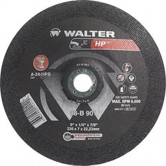 WALTER Surface Technologies - 24 Grit, 9" Wheel Diam, 1/4" Wheel Thickness, 7/8" Arbor Hole, Type 28 Depressed Center Wheel - Aluminum Oxide, Resinoid Bond, 6,600 Max RPM - A1 Tooling