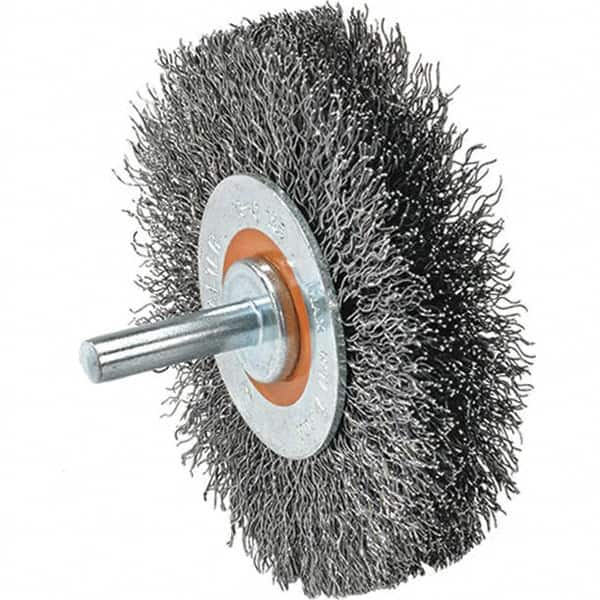 WALTER Surface Technologies - 1-3/8" OD, 1/4" Shank Diam, Crimped Stainless Steel Wheel Brush - 1/4" Face Width, 0.008" Filament Diam, 25,000 RPM - A1 Tooling