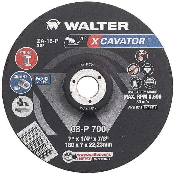 WALTER Surface Technologies - 16 Grit, 4-1/2" Wheel Diam, 1/4" Wheel Thickness, Type 27 Depressed Center Wheel - Aluminum Oxide, Resinoid Bond, 13,300 Max RPM - A1 Tooling