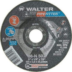 WALTER Surface Technologies - 36 Grit, 5" Wheel Diam, 1/8" Wheel Thickness, 7/8" Arbor Hole, Type 27 Depressed Center Wheel - Aluminum Oxide/Silicon Carbide Blend, Resinoid Bond, 12,200 Max RPM, Compatible with Angle Grinder - A1 Tooling