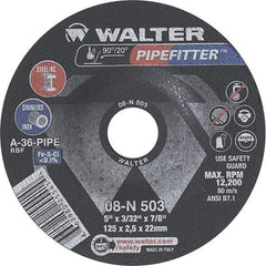 WALTER Surface Technologies - 36 Grit, 5" Wheel Diam, 3/32" Wheel Thickness, 7/8" Arbor Hole, Type 27 Depressed Center Wheel - Aluminum Oxide/Silicon Carbide Blend, Resinoid Bond, 12,200 Max RPM - A1 Tooling