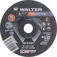 WALTER Surface Technologies - 36 Grit, 6" Wheel Diam, 3/32" Wheel Thickness, 7/8" Arbor Hole, Type 27 Depressed Center Wheel - Aluminum Oxide/Silicon Carbide Blend, Resinoid Bond, 10,200 Max RPM - A1 Tooling