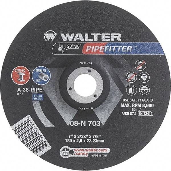 WALTER Surface Technologies - 36 Grit, 7" Wheel Diam, 3/32" Wheel Thickness, 7/8" Arbor Hole, Type 27 Depressed Center Wheel - Aluminum Oxide/Silicon Carbide Blend, Resinoid Bond, 8,600 Max RPM - A1 Tooling