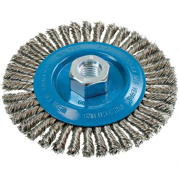 WALTER Surface Technologies - 5" OD, 5/8-11 Arbor Hole, Stringer Bead Stainless Steel Wheel Brush - 1/4" Face Width, 0.02" Filament Diam, 15,000 RPM - A1 Tooling