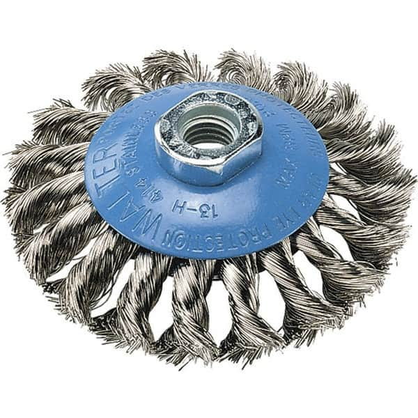 WALTER Surface Technologies - 5" Diam, 5/8-11 Threaded Arbor, Stainless Steel Fill Cup Brush - 0.02 Wire Diam, 15,000 Max RPM - A1 Tooling