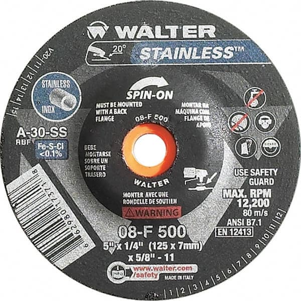 WALTER Surface Technologies - 30 Grit, 5" Wheel Diam, 1/4" Wheel Thickness, Type 27 Depressed Center Wheel - Aluminum Oxide, Resinoid Bond, 12,200 Max RPM - A1 Tooling