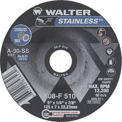 WALTER Surface Technologies - 30 Grit, 5" Wheel Diam, 1/4" Wheel Thickness, 7/8" Arbor Hole, Type 27 Depressed Center Wheel - Aluminum Oxide, Resinoid Bond, 12,200 Max RPM - A1 Tooling