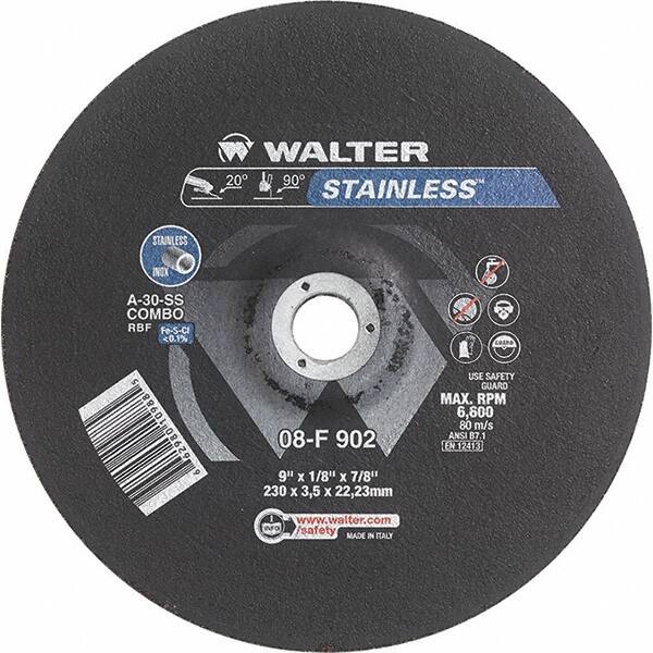 WALTER Surface Technologies - 30 Grit, 9" Wheel Diam, 1/8" Wheel Thickness, 7/8" Arbor Hole, Type 27 Depressed Center Wheel - Aluminum Oxide, Resinoid Bond, 6,600 Max RPM - A1 Tooling