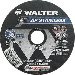 WALTER Surface Technologies - 5" 60 Grit Aluminum Oxide/Silicon Carbide Blend Cutoff Wheel - 3/64" Thick, 7/8" Arbor, 12,200 Max RPM, Use with Angle Grinders - A1 Tooling