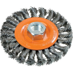 WALTER Surface Technologies - 4" OD, 5/8-11 Arbor Hole, Knotted Steel Wheel Brush - 3/8" Face Width, 0.02" Filament Diam, 20,000 RPM - A1 Tooling