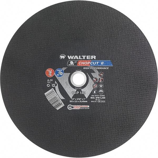 WALTER Surface Technologies - 14" 30 Grit Aluminum Oxide Cutoff Wheel - 3/32" Thick, 1" Arbor, 4,400 Max RPM, Use with Chop Saws - A1 Tooling