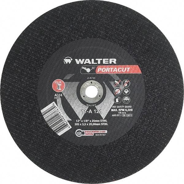 WALTER Surface Technologies - 12" 24 Grit Aluminum Oxide Cutoff Wheel - 1/8" Thick, 20mm Arbor, 6,300 Max RPM, Use with Electric & Gas Powered Saws - A1 Tooling