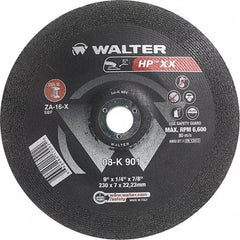 WALTER Surface Technologies - 16 Grit, 9" Wheel Diam, 1/4" Wheel Thickness, 7/8" Arbor Hole, Type 28 Depressed Center Wheel - Aluminum Oxide, Resinoid Bond, 6,600 Max RPM - A1 Tooling