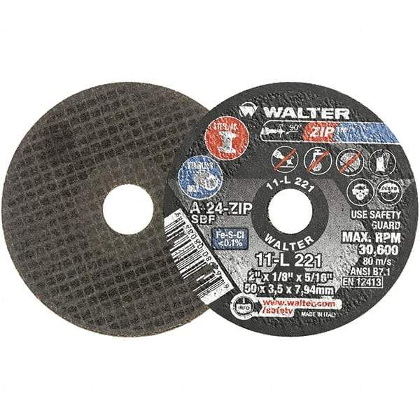 WALTER Surface Technologies - 2" 24 Grit Aluminum Oxide Cutoff Wheel - 1/8" Thick, 5/16" Arbor, 31,000 Max RPM, Use with Die Grinders - A1 Tooling