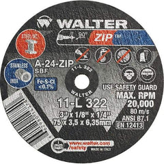 WALTER Surface Technologies - 3" 24 Grit Aluminum Oxide Cutoff Wheel - 1/8" Thick, 1/4" Arbor, 25,470 Max RPM, Use with Die Grinders - A1 Tooling