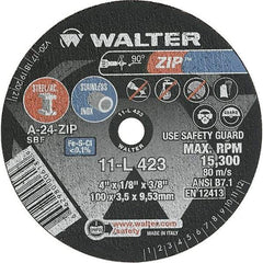 WALTER Surface Technologies - 4" 24 Grit Aluminum Oxide Cutoff Wheel - 1/8" Thick, 3/8" Arbor, 19,100 Max RPM, Use with Die Grinders - A1 Tooling