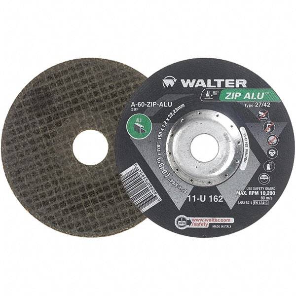 WALTER Surface Technologies - 60 Grit, 6" Wheel Diam, 3/64" Wheel Thickness, 7/8" Arbor Hole, Type 27 Depressed Center Wheel - Aluminum Oxide, Resinoid Bond, 10,200 Max RPM - A1 Tooling