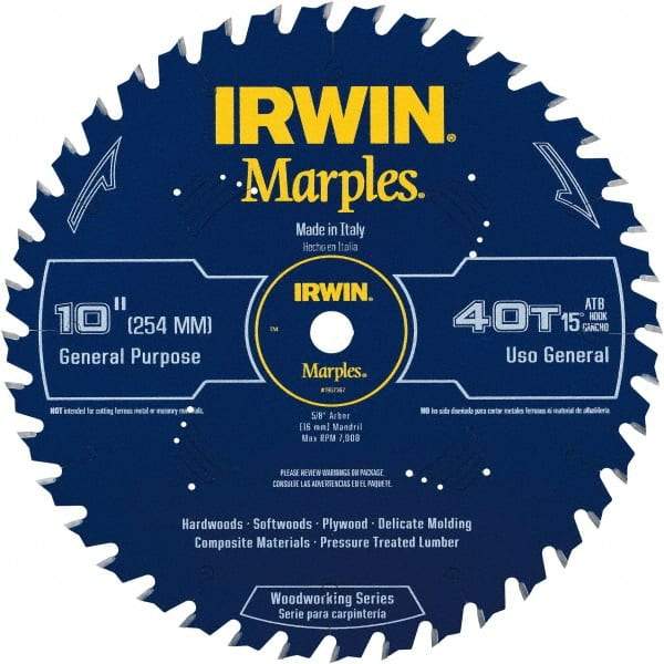 Irwin Blades - 10" Diam, 5/8" Arbor Hole Diam, 40 Tooth Wet & Dry Cut Saw Blade - Carbide-Tipped, Finishing Action, Standard Round Arbor - A1 Tooling