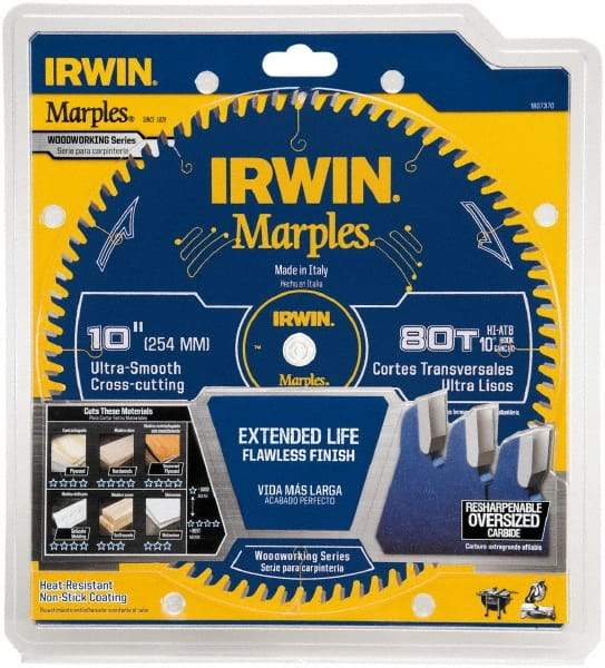 Irwin Blades - 10" Diam, 5/8" Arbor Hole Diam, 80 Tooth Wet & Dry Cut Saw Blade - Carbide-Tipped, Finishing Action, Standard Round Arbor - A1 Tooling