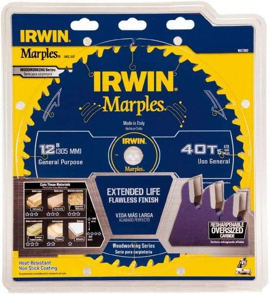 Irwin Blades - 12" Diam, 1" Arbor Hole Diam, 40 Tooth Wet & Dry Cut Saw Blade - Carbide-Tipped, Finishing Action, Standard Round Arbor - A1 Tooling