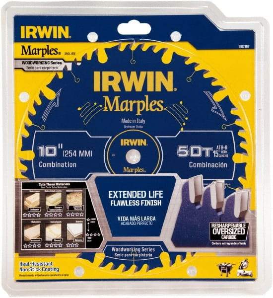 Irwin Blades - 10" Diam, 5/8" Arbor Hole Diam, 50 Tooth Wet & Dry Cut Saw Blade - Carbide-Tipped, Finishing Action, Standard Round Arbor - A1 Tooling