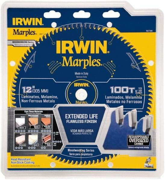 Irwin - 12" Diam, 1" Arbor Hole Diam, 100 Tooth Wet & Dry Cut Saw Blade - Carbide-Tipped, Finishing Action, Standard Round Arbor - A1 Tooling