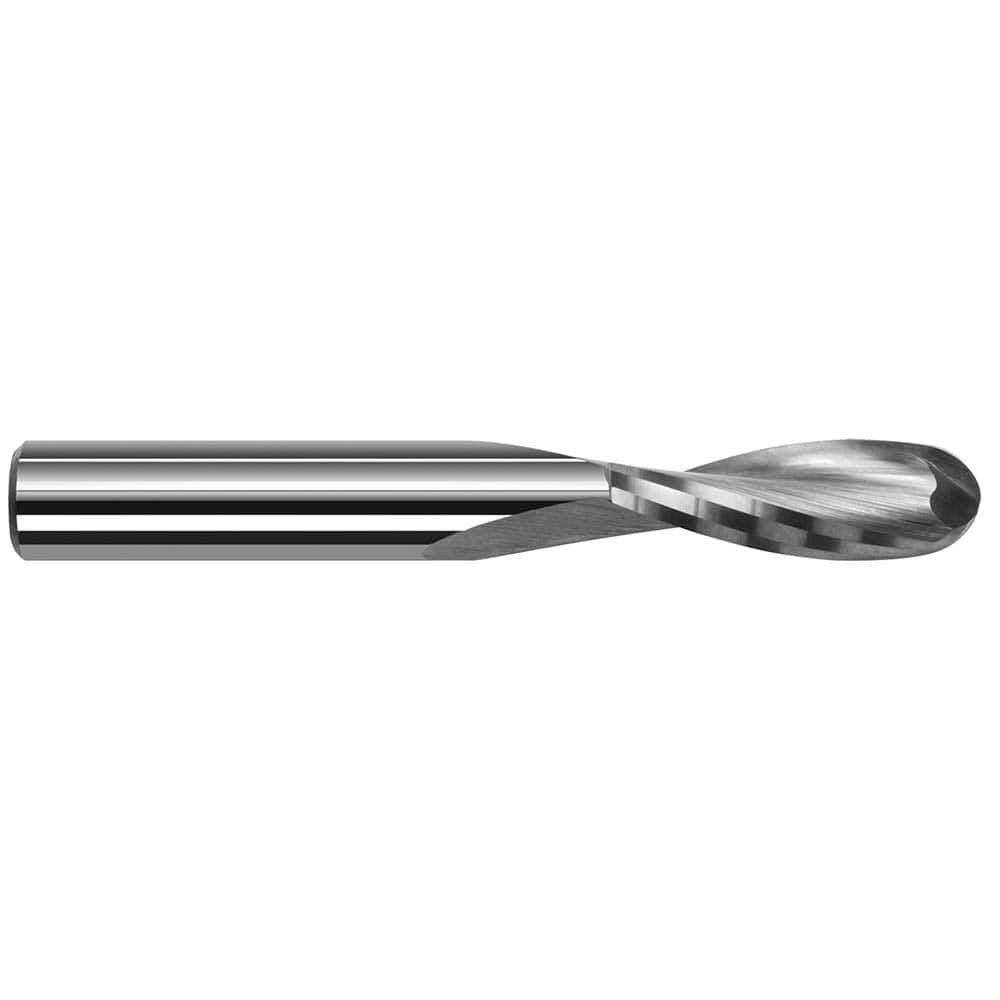 Ball End Mill: 0.0625″ Dia, 0.25″ LOC, 2 Flute, Solid Carbide 1-1/2″ OAL, 1/8″ Shank Dia, 20 ° Helix, Uncoated, Single End