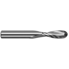 Ball End Mill: 0.0156″ Dia, 0.047″ LOC, 2 Flute, Solid Carbide 1-1/2″ OAL, 1/8″ Shank Dia, 20 ° Helix, Uncoated, Single End