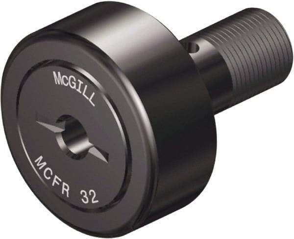 McGill - 32mm Roller Diam x 14mm Width, 12mm Stud Diam x 25mm Length, Crowned Sealed Stud Cam Follower - Steel, 14mm Thread Length, M12x1.5 Thread, 40mm OAL, 1,542 Lb Dynamic Cap, 1,810 Lb Static Cap - A1 Tooling