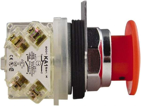 Schneider Electric - 30mm Mount Hole, Extended Mushroom Head, Pushbutton Switch with Contact Block - Round, Red Pushbutton, Maintained (MA) - A1 Tooling