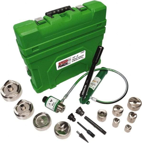 Greenlee - 18 Piece, 0.885 to 4.544" Punch Hole Diam, Power Knockout Set - Round Punch, 10 Gage Mild Steel - A1 Tooling