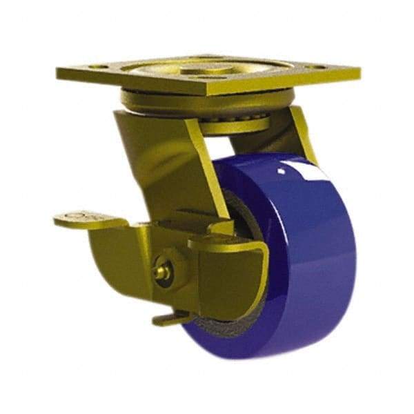 E.R. Wagner - 4" Diam x 2" Wide x 5-5/8" OAH Top Plate Mount Swivel Caster with Brake - Mold on Polyurethane, 750 Lb Capacity, Roller Bearing, 4 x 4-1/2" Plate - A1 Tooling