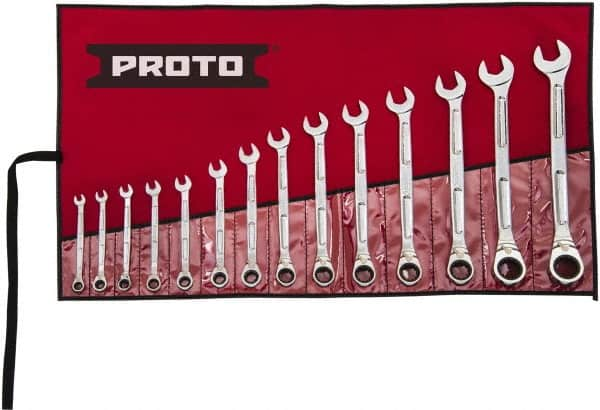 Proto - 14 Piece, 6mm to 19mm, Ratcheting Combination Wrench Set - Metric Measurement Standard, Full Polish Finish, Comes in Pouch - A1 Tooling