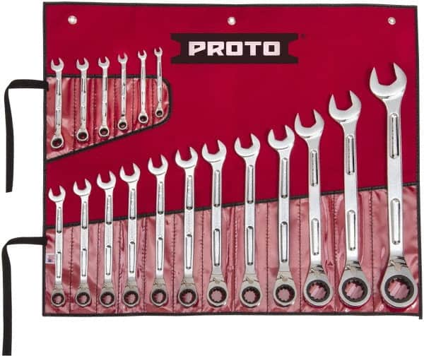 Proto - 18 Piece, 1/4" to 1-1/4", Ratcheting Combination Wrench Set - Inch Measurement Standard, Full Polish Finish, Comes in Pouch - A1 Tooling