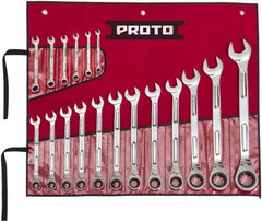 Proto - 18 Piece, 1/4" to 1-1/4", Ratcheting Combination Wrench Set - Inch Measurement Standard, Full Polish Finish, Comes in Pouch - A1 Tooling