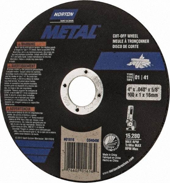 Norton - 4" Aluminum Oxide Cutoff Wheel - 0.04" Thick, 5/8" Arbor, 15,280 Max RPM, Use with Stationary Tools - A1 Tooling